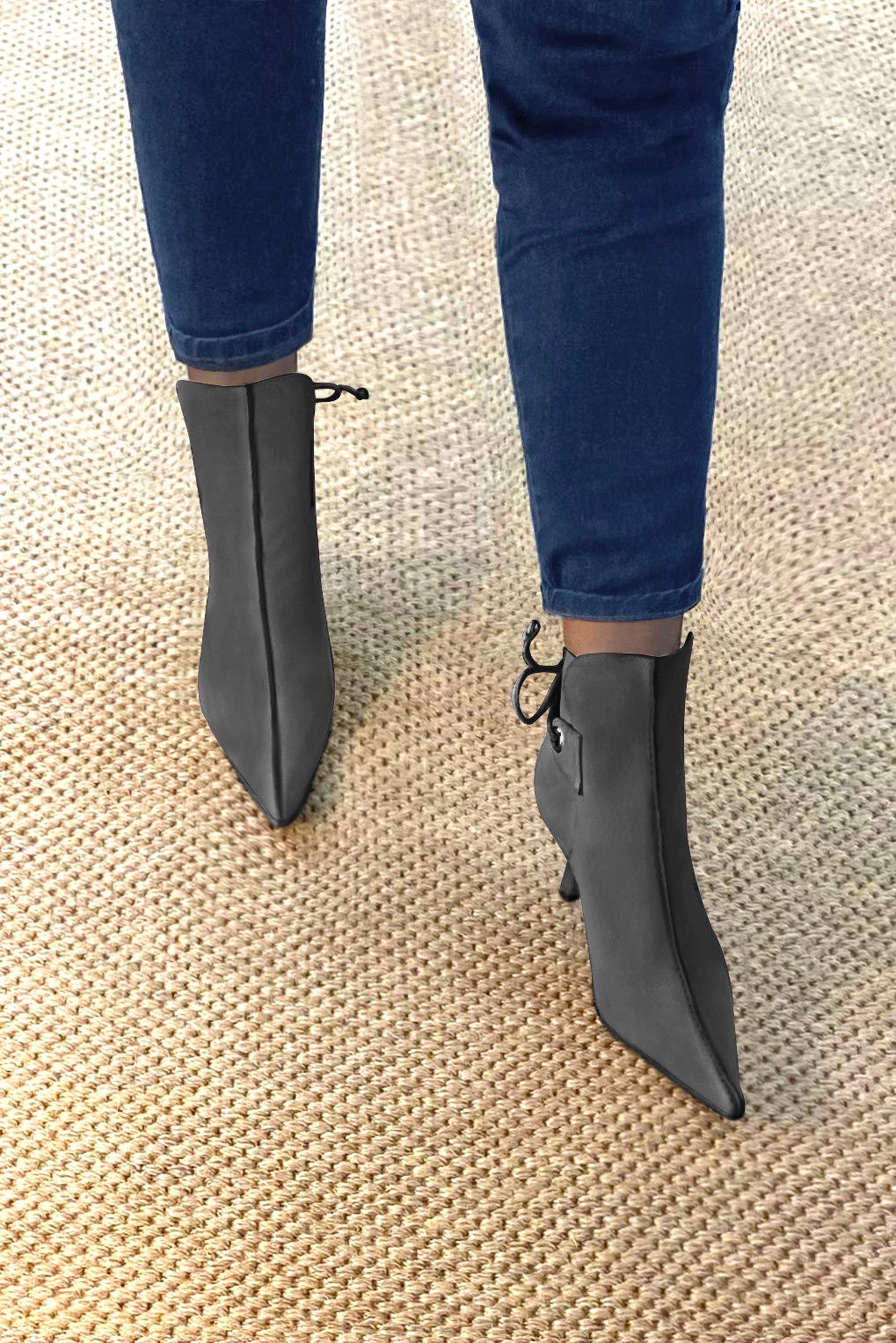 Dark grey women's ankle boots with laces at the back. Pointed toe. High slim heel. Worn view - Florence KOOIJMAN